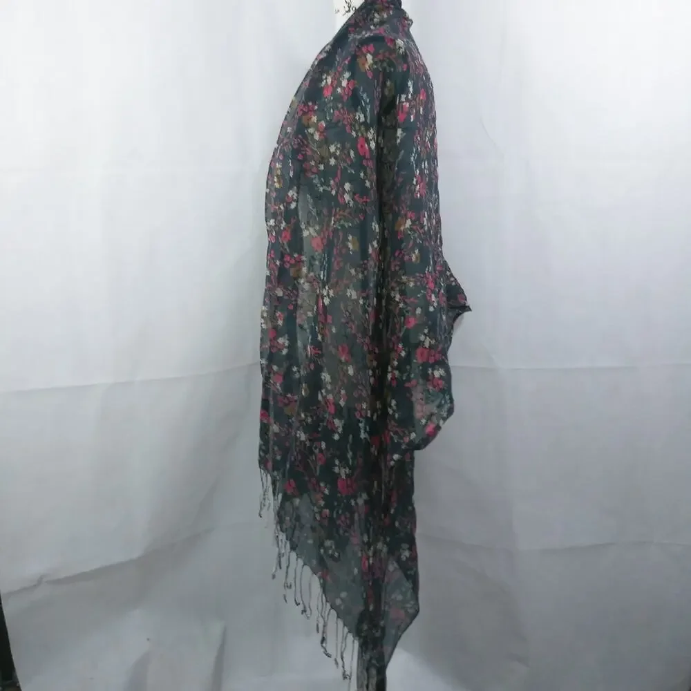 Blue Red Floral Scarf Wrap With Fringe
